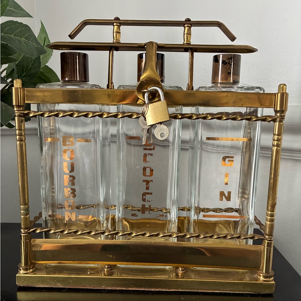MCM Gold and Clear Glass Decanter Set